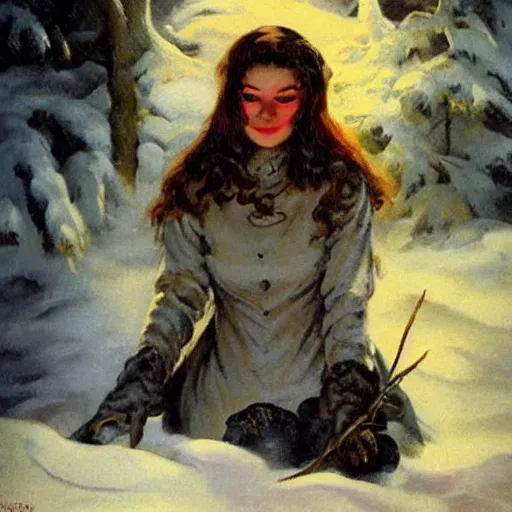 Image similar to ultra realistic portrait painting of a witch in the snow by a fire, art by frank frazetta, vintage levi ’ s ad, stormy weather, dark vibes, 4 k, ultra realistic, highly detailed, epic lighting