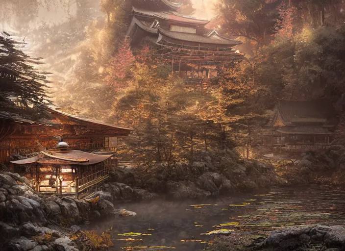 Prompt: environmental portrait of a princess at a japanese mountain onsen at golden hour, post-apocalyptic scenario, Concept art by Jorge jacinto, masterpiece, highly detailed and ultra realistic, trending on artstation