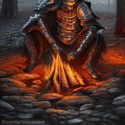 Image similar to fume knight boss from dark souls 2 sitting near a camp fire, evening time, heavy rain, rain water reflections in ground, digital illustration, crisp details, highly detailed art, 8k image quality, full body camera shot