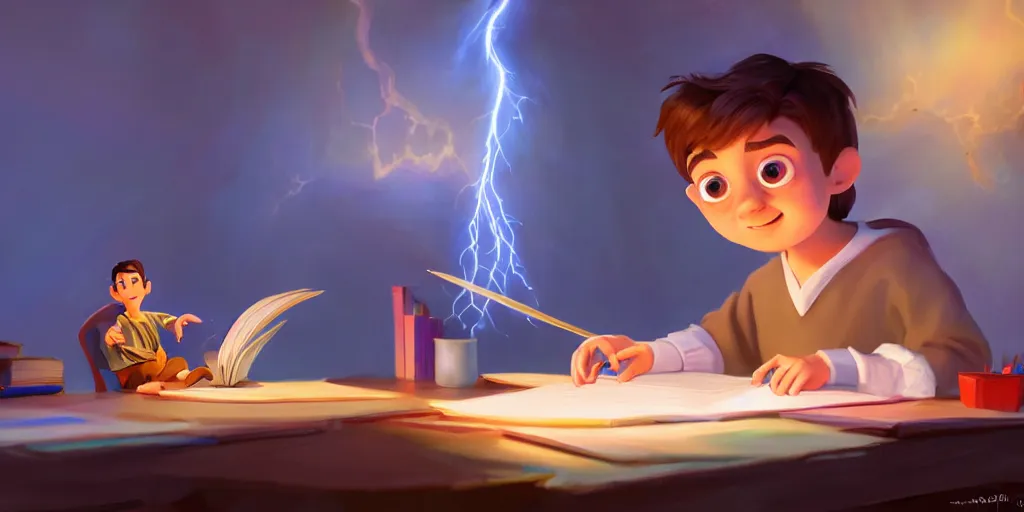 Prompt: a young boy wizard with brown hair and is standing at his desk working on a new spell that is casting out flowing energy, colorful, flowing energy, light rays, consistent face, medium shot, waist up, pixar and disney animation, sharp, concept art, highly detailed, trending on artstation, bloom, dramatic lighting, cinematic