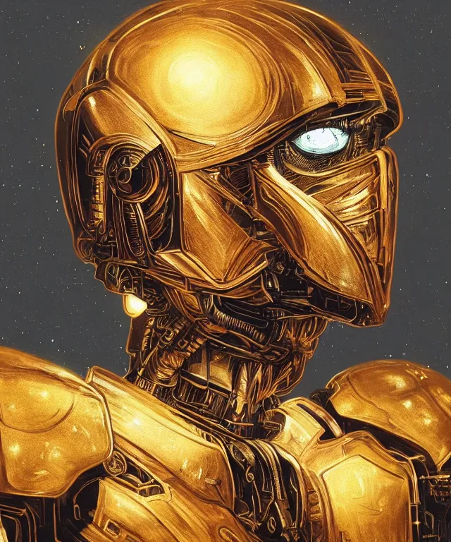 Image similar to Android portrait wearing cybernetic body, subject centered in the frame, rule of thirds, golden ratio , scifi, intricate glowing mecha armor, elegant, glowing cylon eyes, highly detailed cybernetic body, ornate mecha armor, digital painting, artstation, concept art, smooth, sharp focus, illustration, art by Artgerm and moebius and Peter Mohrbacher