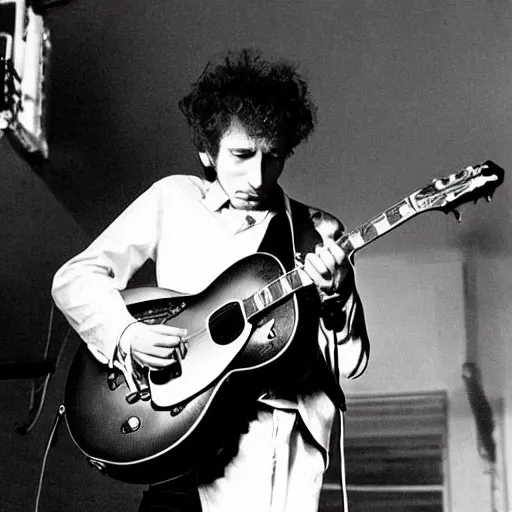 Image similar to bob dylan playing his guitar in the fulham football club stadium, photograph