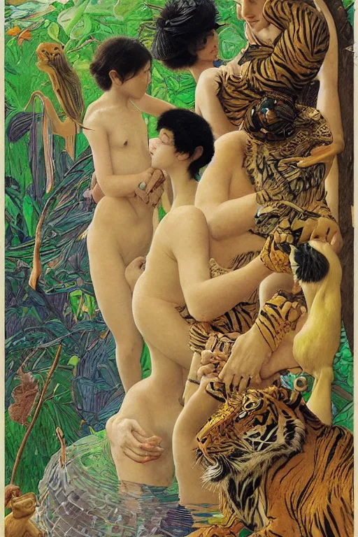 Image similar to a tiger a frog and a duck sharing a drinkby frantisek kupka, intricate, miles johnston, kuroda seiki, cynical realism, ozabu, john william godward, painterly, yoshitaka amano, moebius, miles johnston, louise zhang, james jean, mark ryden