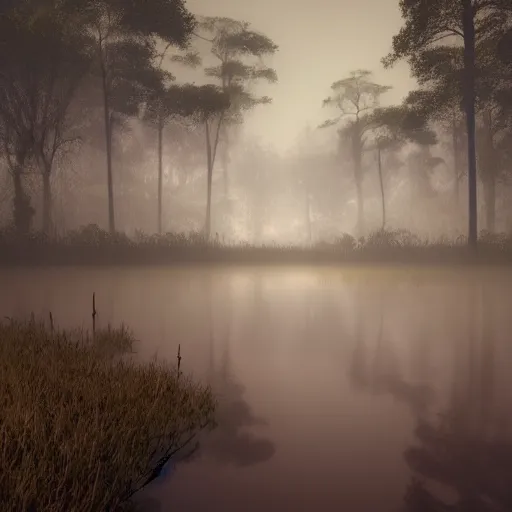 Image similar to artistic swamp with mystic fog, vegetation, water in the foreground, from horror movies, artstation