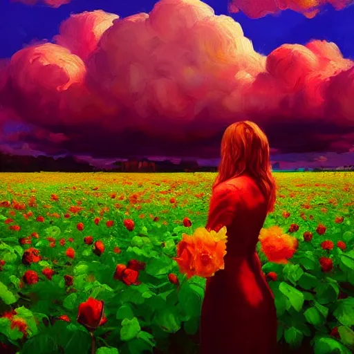 Prompt: giant rose as a head, girl standing in a flower field, surreal photography, sunrise dramatic light, impressionist painting, colorful clouds, digital painting, artstation, simon stalenhag