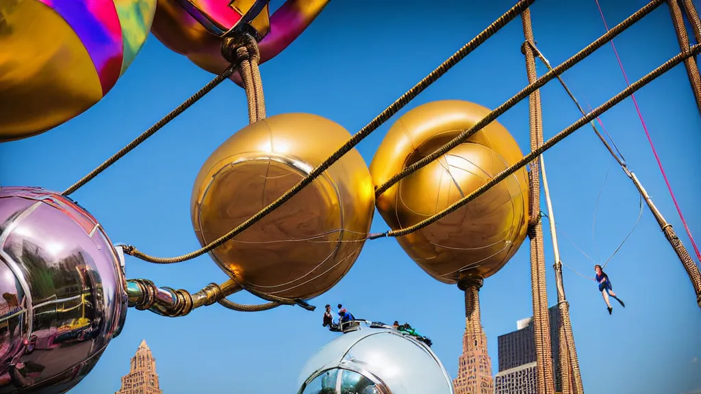 Image similar to large colorful futuristic space age metallic steampunk balloons with pipework and electrical wiring around the outside, and people on rope swings underneath, flying high over the beautiful mew york city landscape, professional photography, 8 0 mm telephoto lens, realistic, detailed, photorealistic, photojournalism