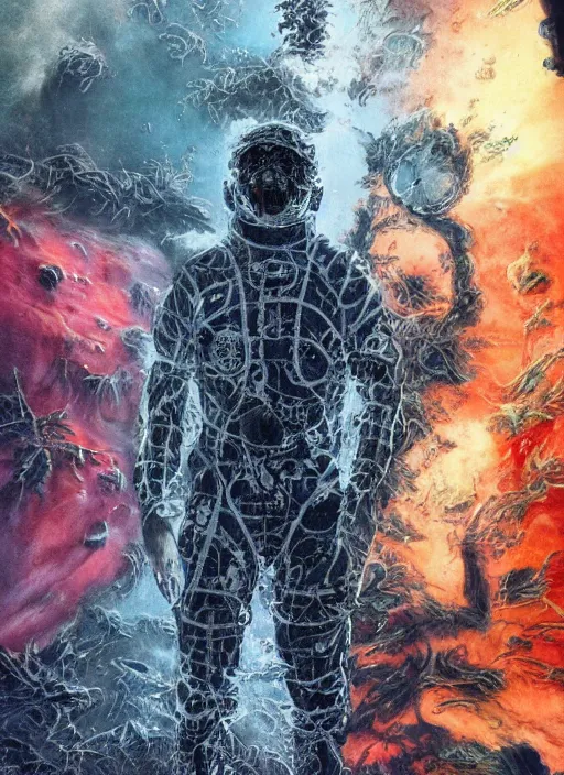 Image similar to astronauts in dark void underwater - complex and hyperdetailed technical suit. reflection and dispersion materials. rays and dispersion of light. volumetric light. f / 3 2. noise film photo. flash photography. ultra realistic, wide angle. poster by wayne barlowe, hajime sorayama aaron horkey, craig mullins