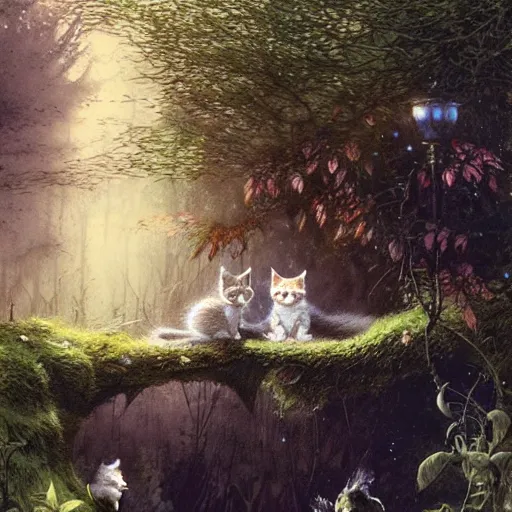 Image similar to two kittens in the enchanted forest watching the fish in the stream, fantasy, intricate, extremely detailed, matte, artstation, art by greg rutkowski, louis wain, alan lee, terry gilecki