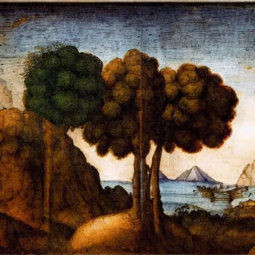 Prompt: landscape painting by leonardo da Vinci