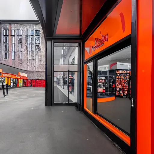 Prompt: Award winning shopfront, convenience store, dark grey, anthracite with bright red and orange accents, perforated metal, paint, laser cut textures, highly detailed, bright signage, vinyl on glazing, retaildesignblog.net, retail-focus.co.uk, trending, best of, 14mm architectural photography,