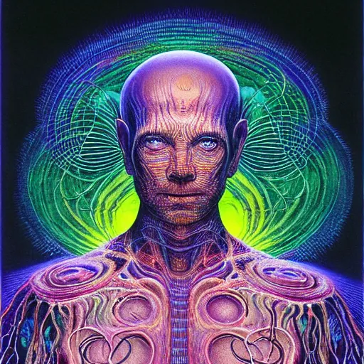 Prompt: an exhausted deity, contemplating existence, beyond the known universe, fine art, bokeh, omnidimensional, ocd, electroluminescent wire by wayne barlowe + jack davis + alex grey