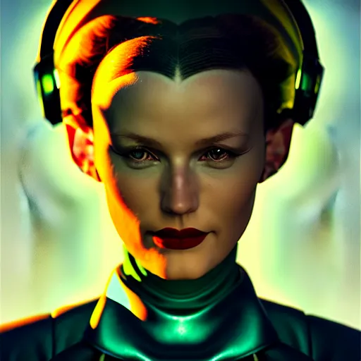 Prompt: a killian eng art deco style, beautiful swedish woman as a sci - fi pilot, oil on canvas, smooth, sharp focus, vibrant volumetric dark natural light, dark enlightenment, alchemy, nigredo.