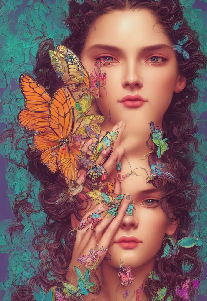 Prompt: beautiful, young woman, detailed gorgeous face, sad eyes, crying, vaporwave aesthetic, synthwave, colorful, psychedelic, holding a staff, butterflies, birds, digital painting, artstation, concept art, smooth, extremely sharp detail, finely tuned detail, ultra high definition, ultra sharp focus, illustration, art by artgerm and greg rutkowski and alphonse mucha