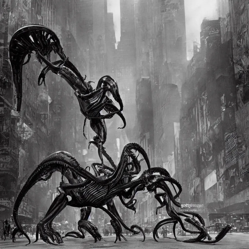 Image similar to old black and white photo, 1 9 1 3, depicting a xenomorph from the movie aliens rampaging through the bustling streets of new york city, historical record