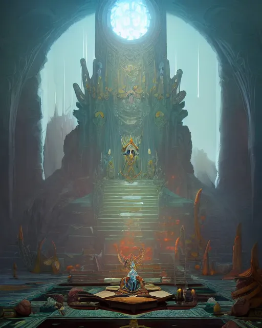 Image similar to Throne Room of the Shaman Raccoon King, cinematic concept art, matte painting, trending on Artstation, wide angle shot, by Peter Mohrbacher