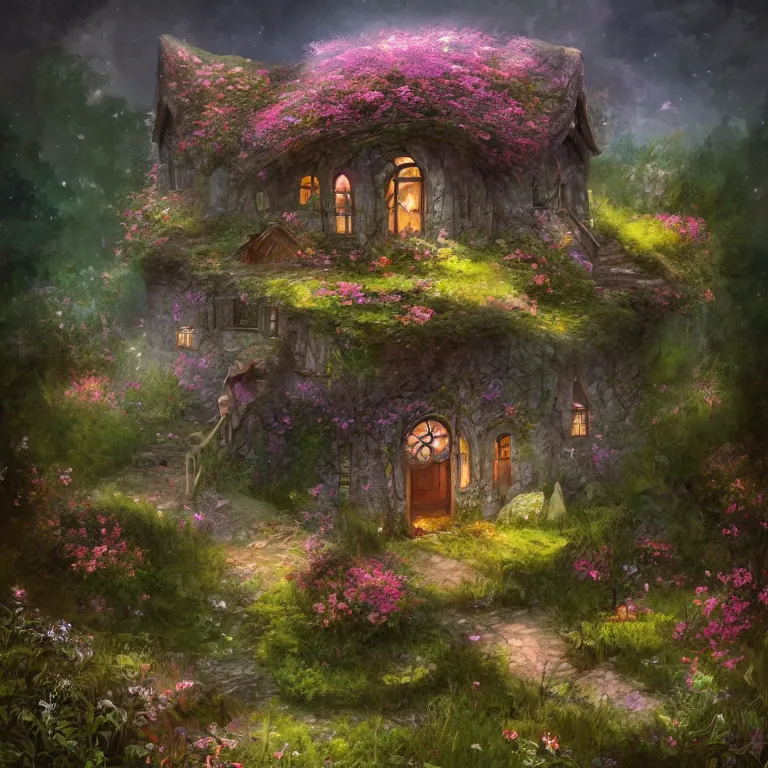 Prompt: a beautiful elven house in a flowering meadow, fantasy, artstation, smooth, illustration