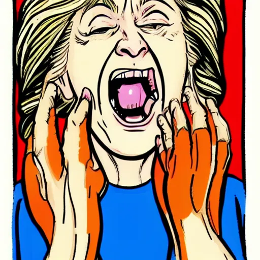 Image similar to Hillary Clinton in Jail, crying. illustration concept art in the style of Arthur Adams