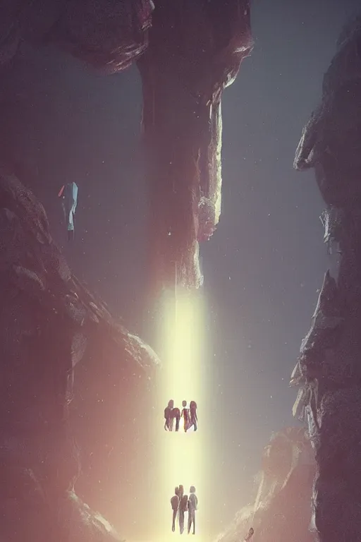 Image similar to A giant michanical being looking down at a small person by Greg Rutkowski, beeple, Sung Choi, Mitchell Mohrhauser, Maciej Kuciara, Johnson Ting, Maxim Verehin, Peter Konig, final fantasy, macro lens, 35mm, 8k photorealistic, cinematic lighting, HD, high details, dramatic, dark atmosphere, trending on artstation