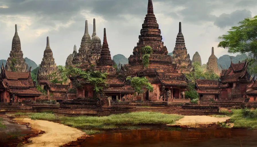 Image similar to matte painting of a beautiful sukhothai village, digital art, trending on artstation