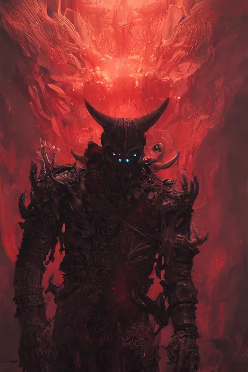 Prompt: demon with red magic in his hands, dark, intricate, highly detailed, epic, digital painting, artstation, concept art, digital illustration by Ruan Jia and Mandy Jurgens and Wayne Barlowe and Greg Rutkowski and Zdislav Bekinski