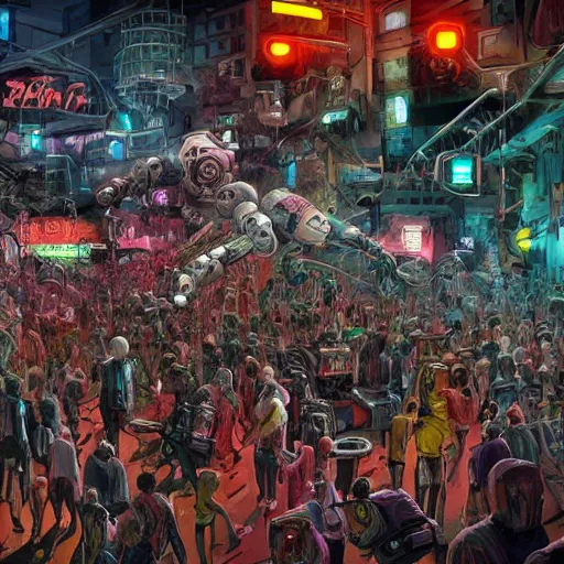 Prompt: a moshpit full of cyberpunk robots