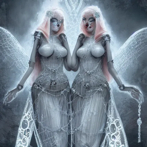 Image similar to female gothic robots with heart human organ, dressed in white intricate lace, veils and jewels, epic environment, matte painting, diffused lighting, highly detailed, cinematic, epic atmosphere, digital art, trending on artstation, wide angle