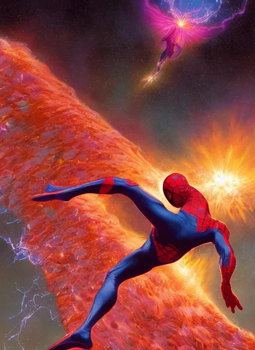 Prompt: cinematic still of Marvel Cosmic Spider-Man by Hiroshi Yoshida, Jean Moebius Giraud, Zdzisław Beksiński, wayne barlowe, Gerald Brom,James Jean. Cosmic Supernova Galaxies, explosion of stars background. beautiful natural volumetric light, rendered in octane, 8k,