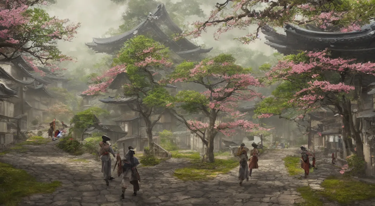 Prompt: high quality concept art from a historical fiction video game set in japan, a village in springtime during light rain, beautiful oil painting, concept art, trending on ArtStation, 4K HD, 35mm f/5.0