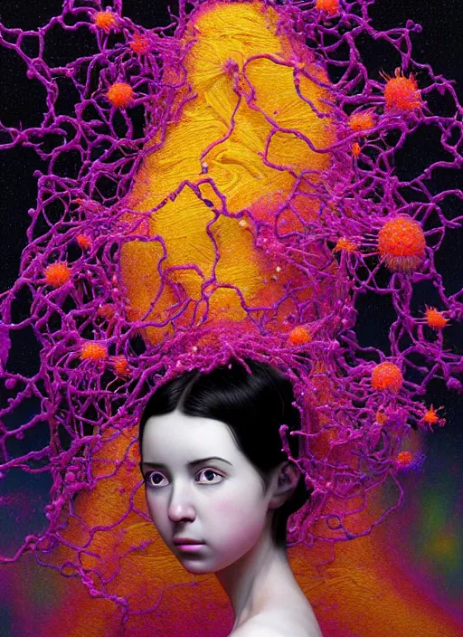 Image similar to hyper detailed 3d render like a Oil painting - black haired girl in mascara seen Eating of the Strangling network of colorful yellowcake and aerochrome and milky Fruit and Her delicate Hands hold of gossamer polyp blossoms bring iridescent fungal flowers whose spores black the foolish stars by Jacek Yerka, Mariusz Lewandowski, Houdini algorithmic generative render, Abstract brush strokes, Masterpiece, Edward Hopper and James Gilleard, Zdzislaw Beksinski, Mark Ryden, Wolfgang Lettl, Dan Hiller, hints of Yayoi Kasuma, octane render, 8k