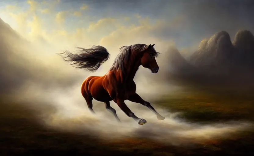 Image similar to a masterpiece oil painting of a proud horse galloping. wide angle, fantasy art, heroic lighting, very very very beautiful raytraced rendering, fog, finger of god, amazing wallpaper