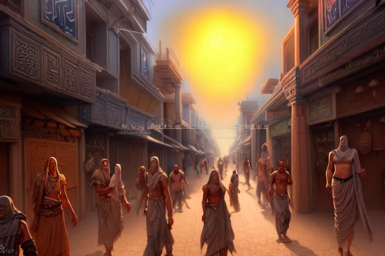 Image similar to a highly detailed crowded bazaar street in the desert city of tyr from the land of athas, amazing dark sun digital painting, by gerald brom, brom digital art, concept art, intricate details, ultra realistic, beautiful art, volumetric lighting, a blazing corona around the dark sun, by brom, trending cgsociety, artstation, rim lighting, 8 k