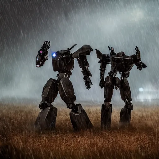 Image similar to 2 mecha warriors battling each other in heavy rain, ground fog, lighting, moody lighting, 8 k, shallow depth of field, cinematic lighting,