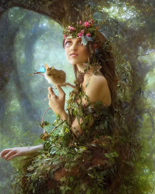 Image similar to dryad musician, portrait, accompanied by a feathered mouse, studio lighting by jessica rossier and brian froud and gaston bussiere