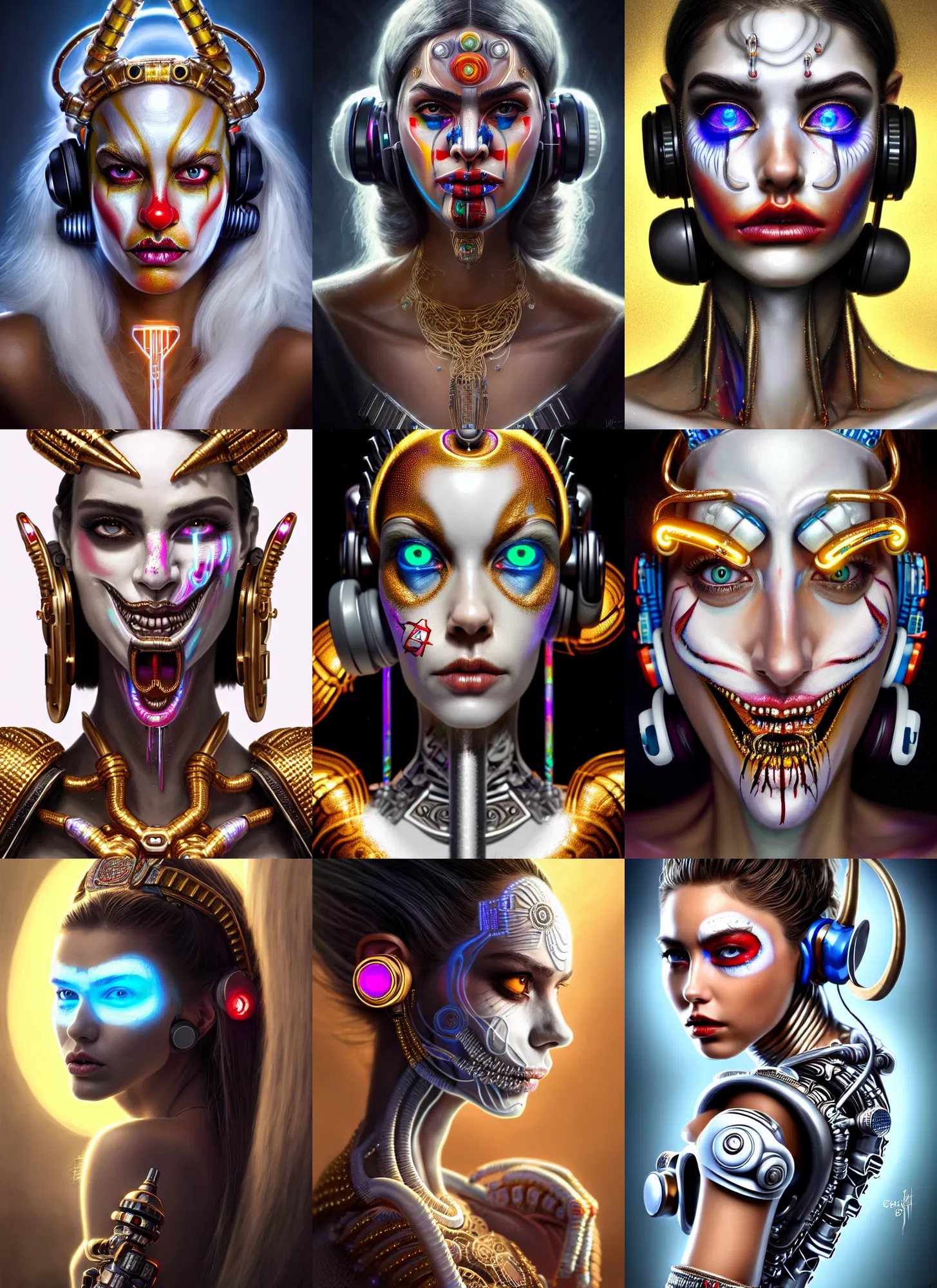 Prompt: bright white polished gun barrel clowncore cyborg : : disney weta portrait, soft mayan queen devil madison beer, bling earbuds, hi - fructose, sci - fi fantasy intricate decadent highly - detailed digital painting, golden ratio, octane render, artstation, concept art, smooth, sharp focus, illustration, artgerm, mucha, loish, wlop