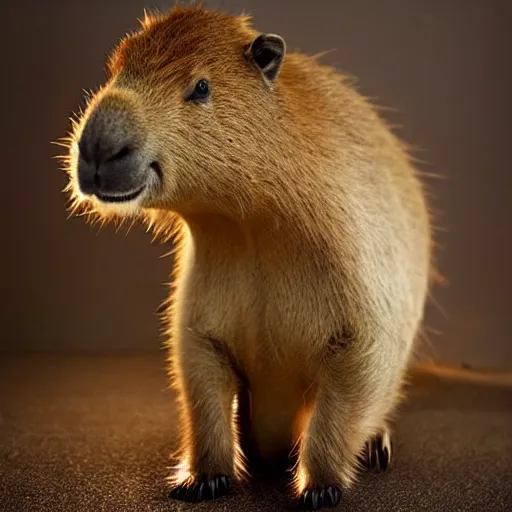 Prompt: a cute capybara wearing a space suit. dramatic lighting.