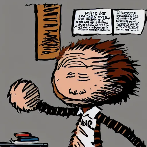 Prompt: calvin and hobbes, calvin as an adult, modern bedroom, nostalgia, high definition ultra realistic quality
