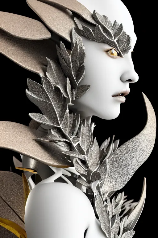 Image similar to monochrome close - up profile face, black background, beautiful young porcelain bio - mechanical vegetal - dragon - cyborg - female, white metallic armour, silver gold details, magnolia leaves and stems, roots, mandelbot fractal, 1 5 0 mm, beautiful natural soft rim light, elegant, hyper real, ultra detailed, octane render, 1 6 k