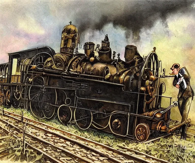 Prompt: steampunk train, 1 9 2 0 s, wet painting