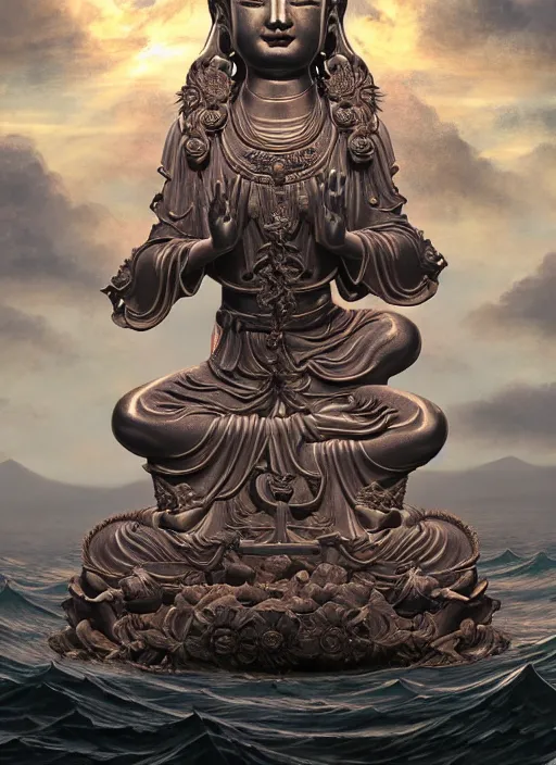 Image similar to guanyin stand on big loutus, a godness of the southern seas, a realistic setting with muted colors, visual novel cover, by yoshitaka amano, zeng fanzhi, jane hamilton, tiffany studios, sunrays shine uponit, frostbite 3 engine, cryengine, dof, trending on artstation, digital art, fantasy detailed background