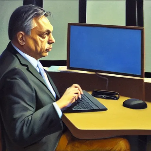 Image similar to viktor orban programming in a cubicle, oil painting