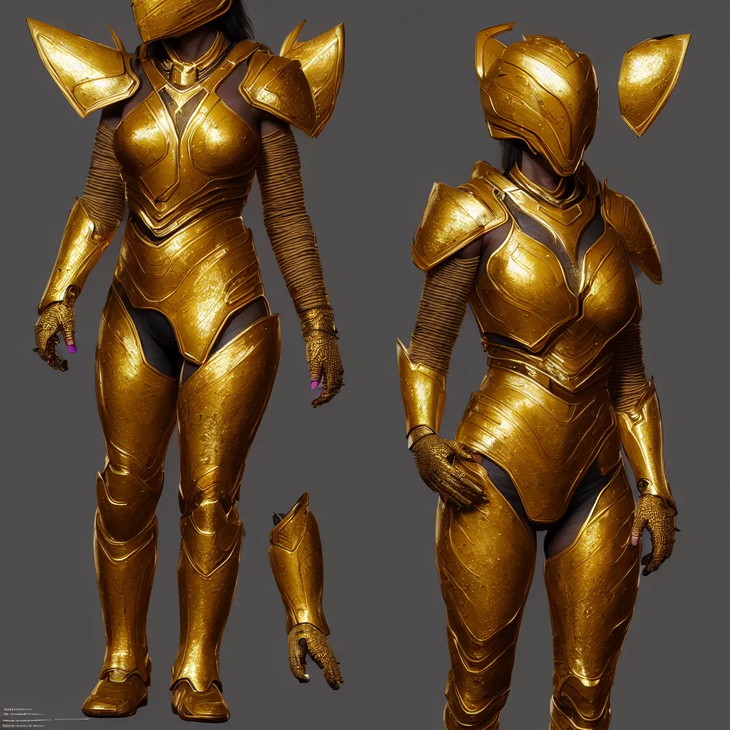 Image similar to hyper realistic and highly detailed woman golden armor, greg rutkowski, zabrocki, karlkka, jayison devadas, intricate, trending on artstation, 8 k, unreal engine 5, pincushion lens effect