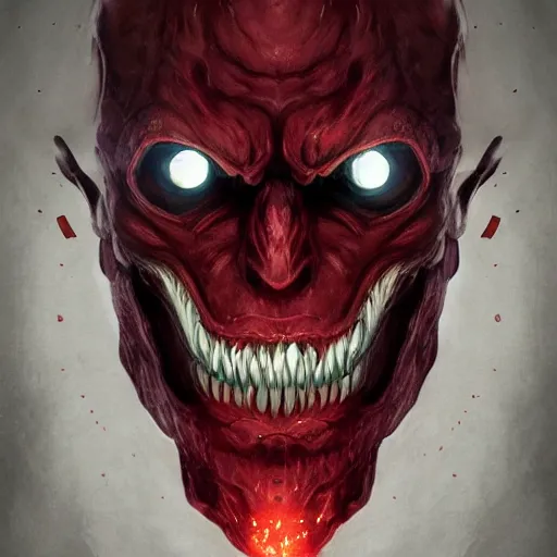 Prompt: portrait of an intimidating glowing scary giant, face and skin is dark red, glowing eyes, glowing veins of white, hero, villain, concept art, centered H-1024