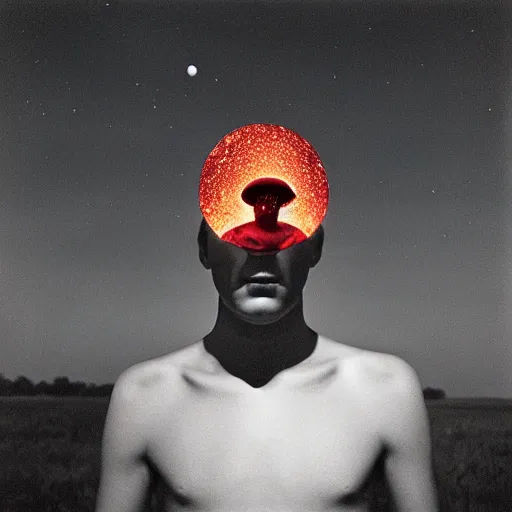 Image similar to photograph taken by a rolleiflex tlr, 1 2 0 mm, portrait, a human face morphing into an amanita muscaria mushroom, shot by ryan mcginley, moon in sky, night time