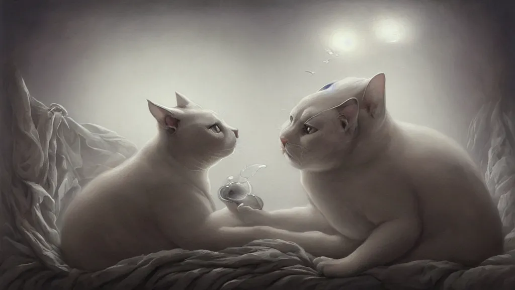 Prompt: a fat grey cat hitting a person in bed in the face with their paw, in the style of peter mohrbacher by weta digital and beth cavener, masterpiece, award winning, high face symmetry, intricatein the style of peter mohrbacher by weta digital and beth cavener, masterpiece, award winning, high face symmetry, intricate