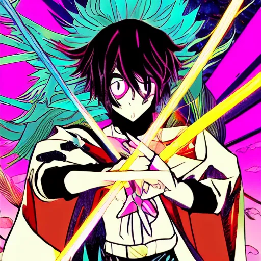 Prompt: anime style cape guy in psychedelic field, fantasy, adventure, comics, panels by Brian Wood and Riccardo Burchielli, detailed post-production + punk style 4K