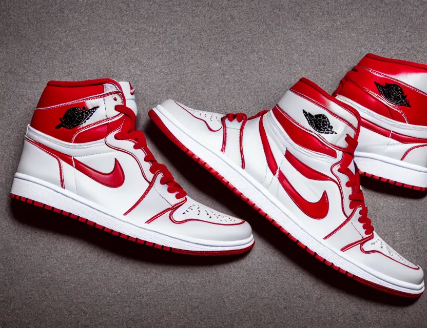 Image similar to a press photograph of nike jordan 1 red white and black, size 1 0, white background