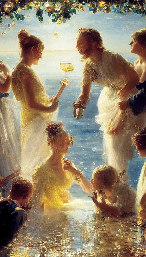 Prompt: painting of midsummer party with bubbles, by Peder Krøyer, dramatic lighting, volumetric lighting, golden hour, epic, intricate detail, canvas print