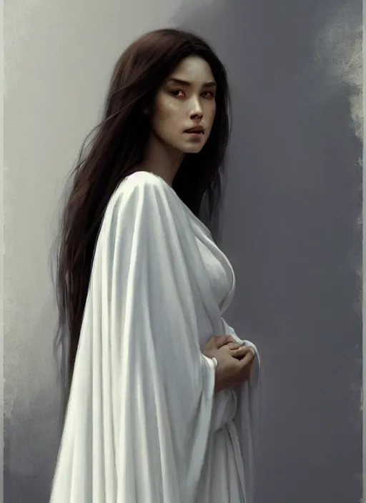 Image similar to portrait of angel in white robes. realistic shaded lighting poster by greg rutkowski, artgerm, jeremy lipkin and michael garmash, rob rey and kentaro miura style, trending on art statio. highly detailed, symmetrical face.