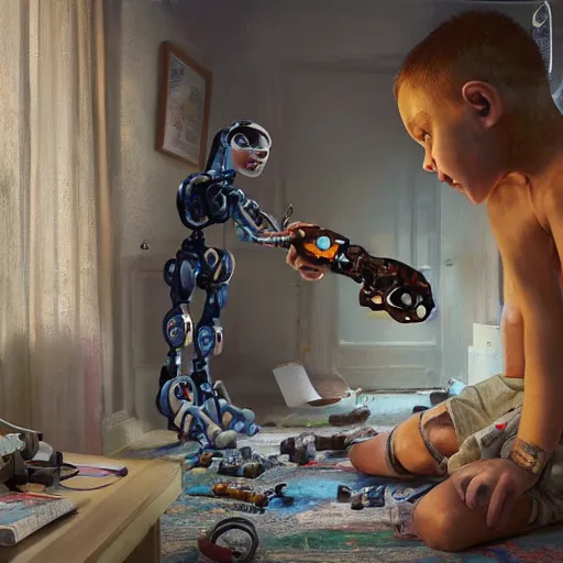 Image similar to a kid fixing his broken robot in his room, au naturel, hyper detailed, digital art, trending in artstation, cinematic lighting, studio quality, smooth render, unreal engine 5 rendered, octane rendered, art style by klimt and nixeu and ian sprigger and wlop and krenz cushart