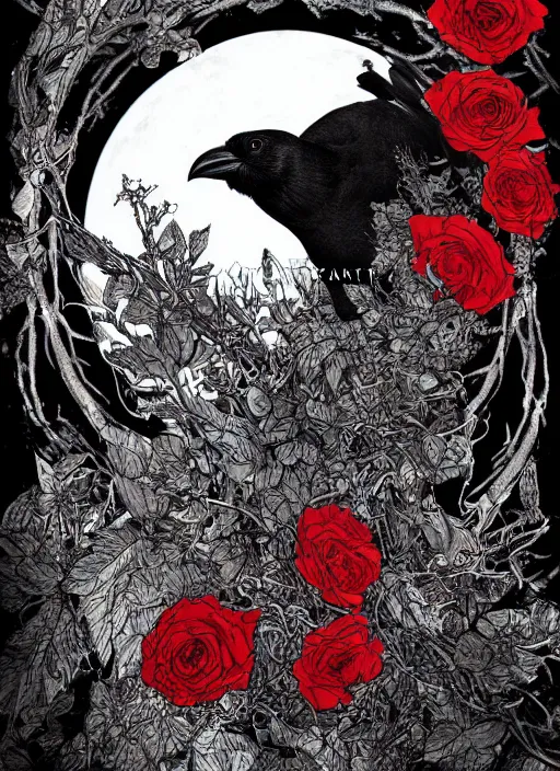 Image similar to portrait, A crow with red eyes in front of the full big moon, book cover, red roses, red white black colors, establishing shot, extremly high detail, foto realistic, cinematic lighting, pen and ink, intricate line drawings, by Yoshitaka Amano, Ruan Jia, Kentaro Miura, Artgerm, post processed, concept art, artstation, matte painting, style by eddie mendoza, raphael lacoste, alex ross